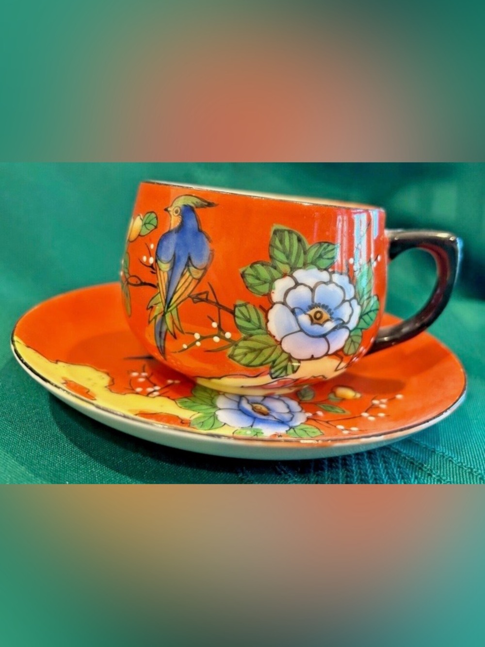 Antique 1920’s Chikaramachi Japan Hand Painted Teacup Bird Asian Floral Moriage